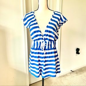 VENUS Striped Deep-V Romper Swim Cover Up—SZ. Small